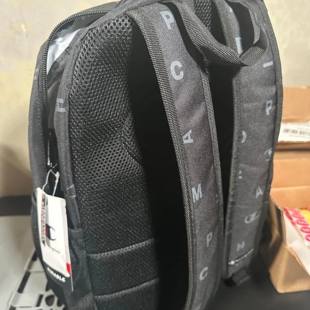 Champion Black Monogram Logo Backpack Laptop Sleeve School Travel Bag NEW
